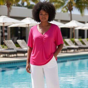 Maggie Barnes Women's Tunic Top V-Neck short sleeve pink size 0X